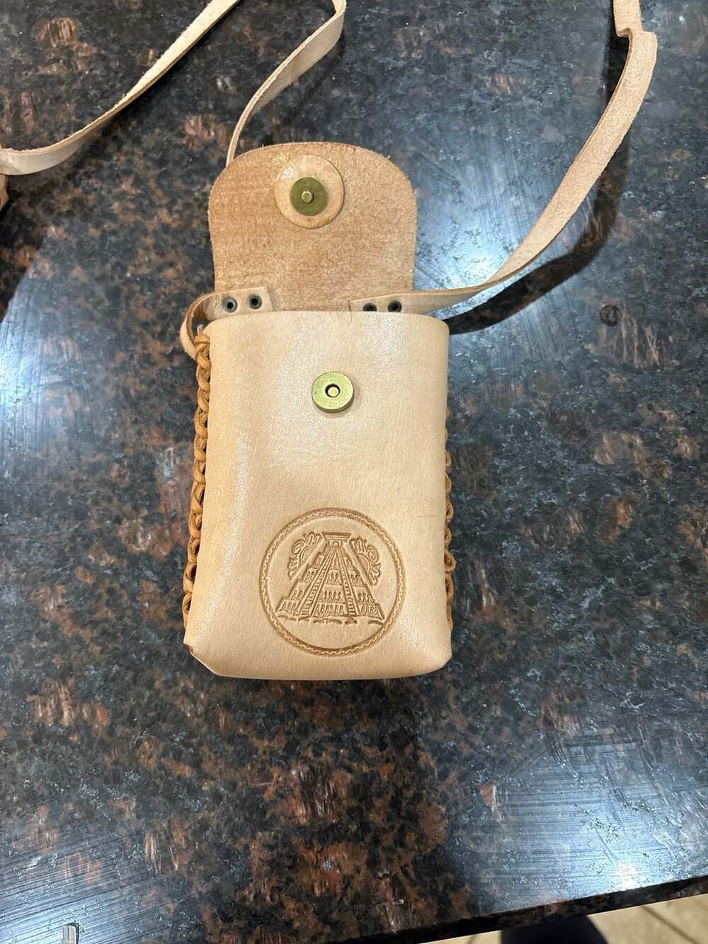 Vintage Hand-Tooled Leather Souvenir Mexico Crossbody Pouch with Pyramid Crest